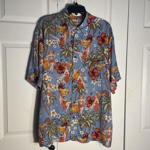 Vintage Natural Issue Hawaiian Shirt Men XXL Blue Pin Up Girl Button Up Tropical